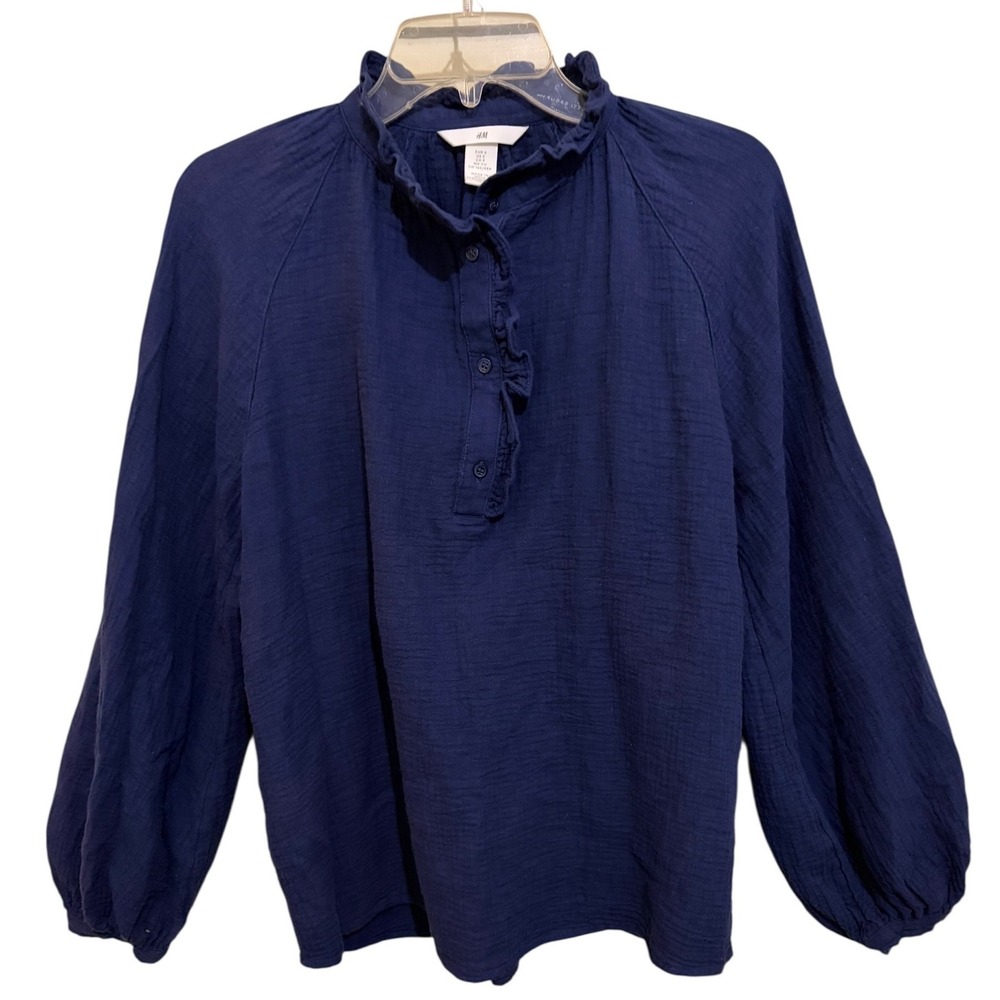 H&M Blouse Small Navy Blue Cotton Gauze Ruffle Neck Balloon Sleeve Boho Cottage - Picture 3 of 10